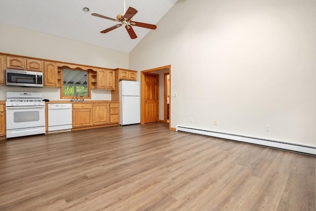 35 Faulkner Hill Rd, Acton, MA 01720 - kitchen with white appliances, a baseboard radiator, high vaulted ceiling, ceiling fan, and light countertops