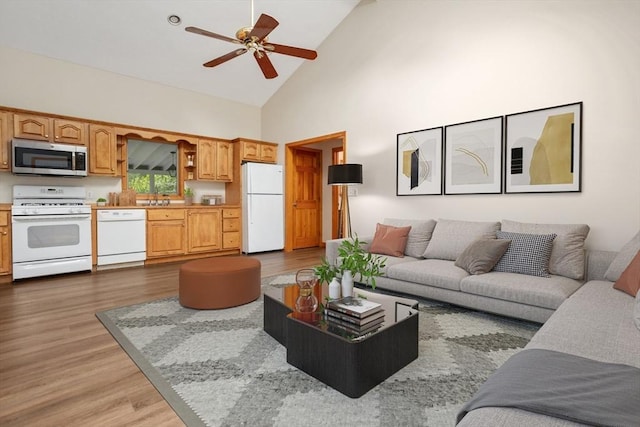 35 Faulkner Hill Rd, Acton, MA 01720 - living area featuring high vaulted ceiling, dark wood finished floors, and ceiling fan