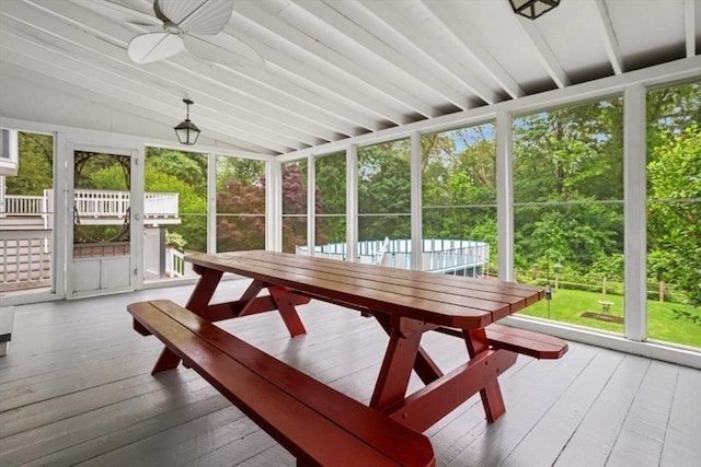 35 Faulkner Hill Rd, Acton, MA 01720 - sunroom with vaulted ceiling, plenty of natural light, ceiling fan, and outdoor dining space