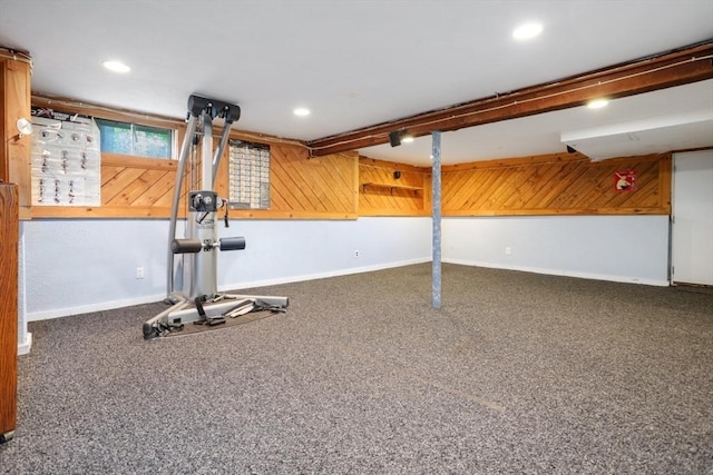 35 Faulkner Hill Rd, Acton, MA 01720 - workout area with recessed lighting, carpet flooring, and wood walls