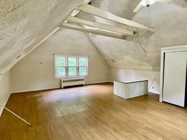 387 W Washington St, Hanson, MA 02341 - additional living space featuring radiator heating unit, wood finished floors, lofted ceiling, and ceiling fan