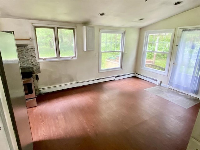 387 W Washington St, Hanson, MA 02341 - unfurnished dining area featuring wood finished floors, lofted ceiling, a fireplace, a baseboard radiator, and recessed lighting