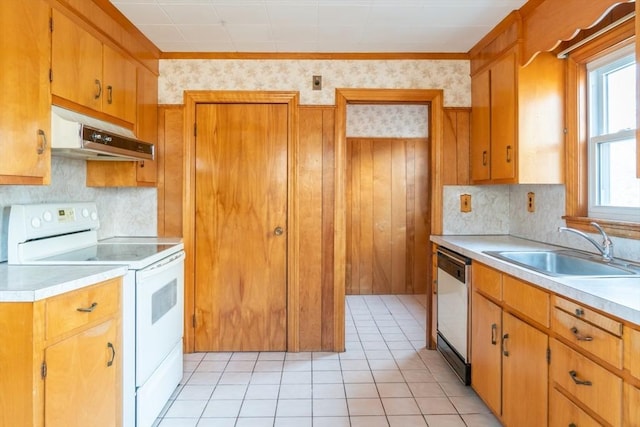 kitchen featuring light countertops, white electric range, stainless steel dishwasher, a sink, and under cabinet range hood