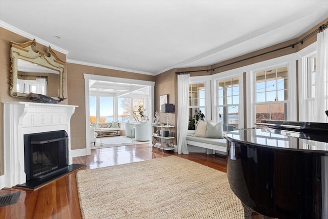 11 Paige St, Hingham, MA 02043 - living area featuring plenty of natural light, a fireplace with raised hearth, crown molding, wood finished floors, and baseboards