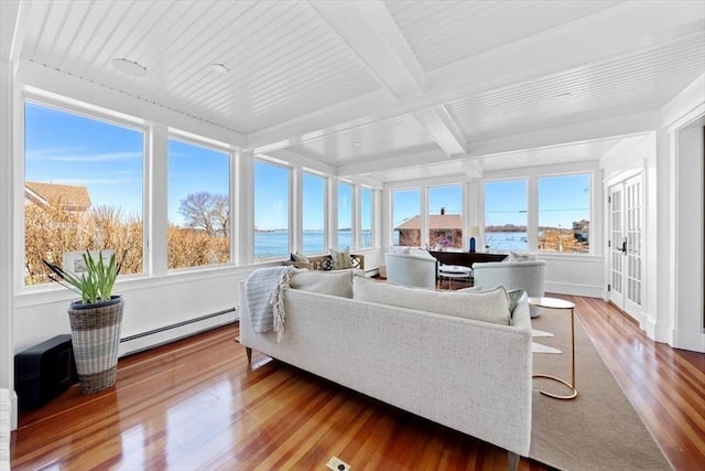 11 Paige St, Hingham, MA 02043 - sunroom / solarium featuring a baseboard heating unit, wood finished floors, plenty of natural light, and beam ceiling