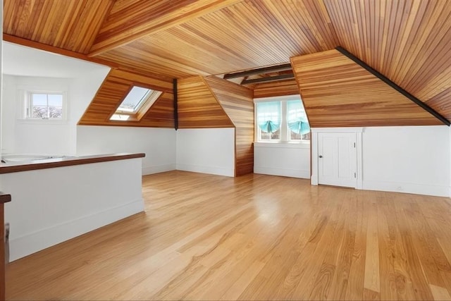 11 Paige St, Hingham, MA 02043 - additional living space with a skylight, light wood-style flooring, wooden ceiling, and baseboards