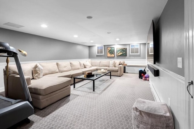 11 Paige St, Hingham, MA 02043 - living room featuring a wainscoted wall, carpet floors, and recessed lighting