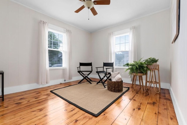 56 Bridge St Unit 56, Beverly, MA 01915 - living area with light wood-style floors, healthy amount of natural light, ceiling fan, and ornamental molding