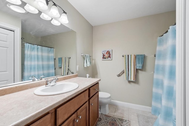 full bathroom with tile patterned flooring, vanity, toilet, baseboards, and a shower with shower curtain