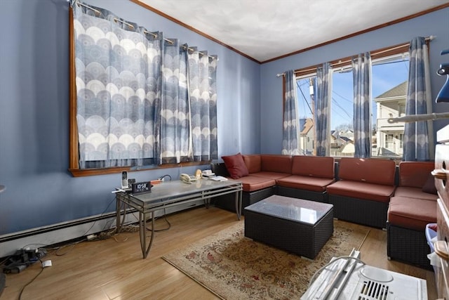 living room with light wood-type flooring and ornamental molding