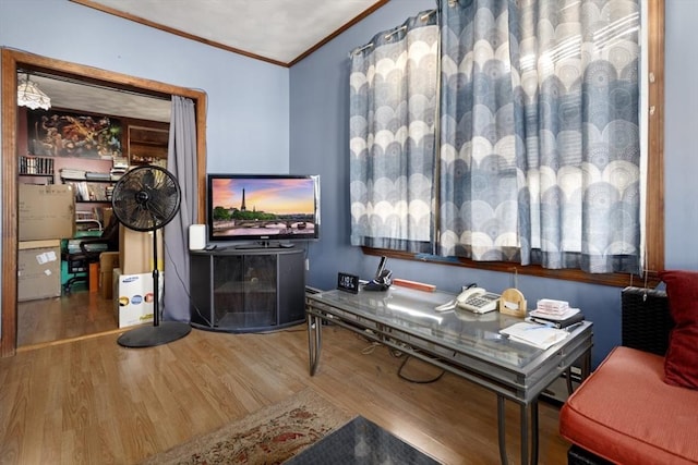 office space with hardwood / wood-style flooring and ornamental molding