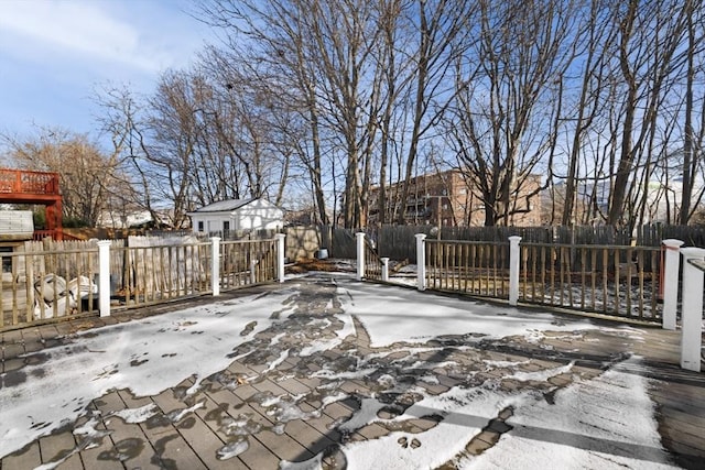 view of snow covered deck