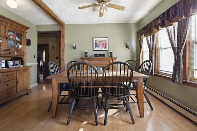 dining space featuring ceiling fan, light hardwood / wood-style flooring, and a baseboard heating unit