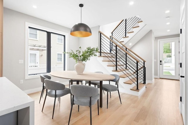 354 Linwood Ave Unit 354, Newton, MA 02460 - dining area featuring light wood-type flooring, stairway, baseboards, and recessed lighting