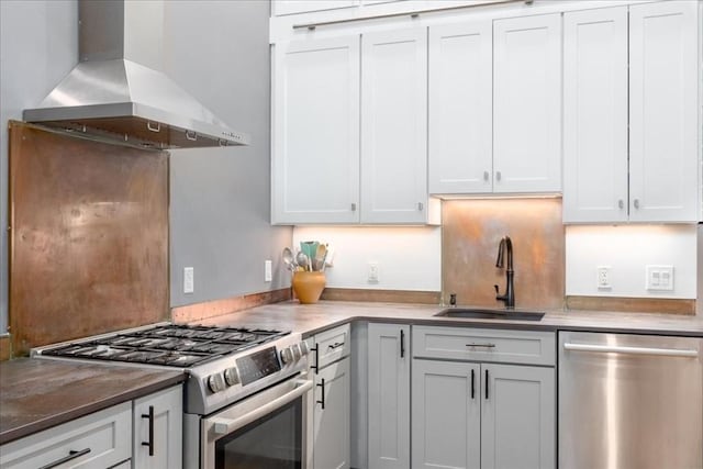 kitchen featuring stainless steel appliances, a sink, white cabinetry, and island exhaust hood