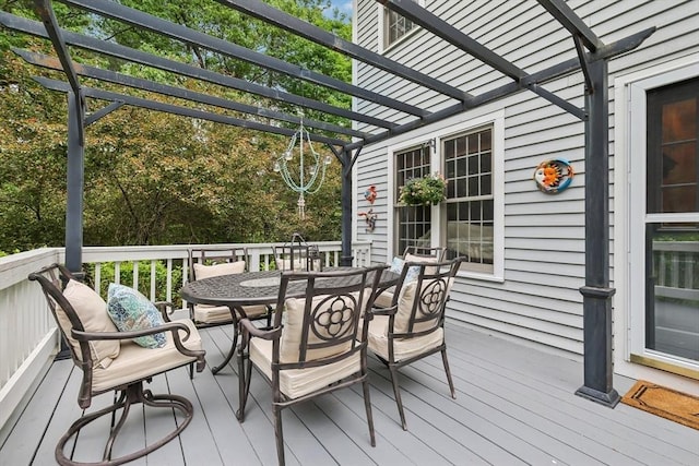 176 Crescent St, Stow, MA 01775 - wooden terrace featuring a pergola and outdoor dining space