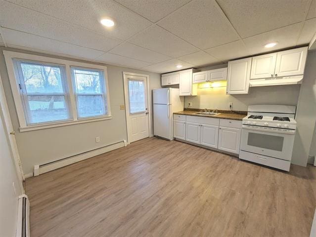 3 S Shore Rd, Salem, NH 03079 - kitchen featuring white appliances, baseboard heating, light wood-style floors, white cabinets, and recessed lighting