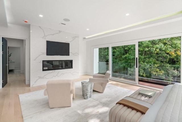 living room featuring a healthy amount of sunlight, a fireplace, and light wood-type flooring