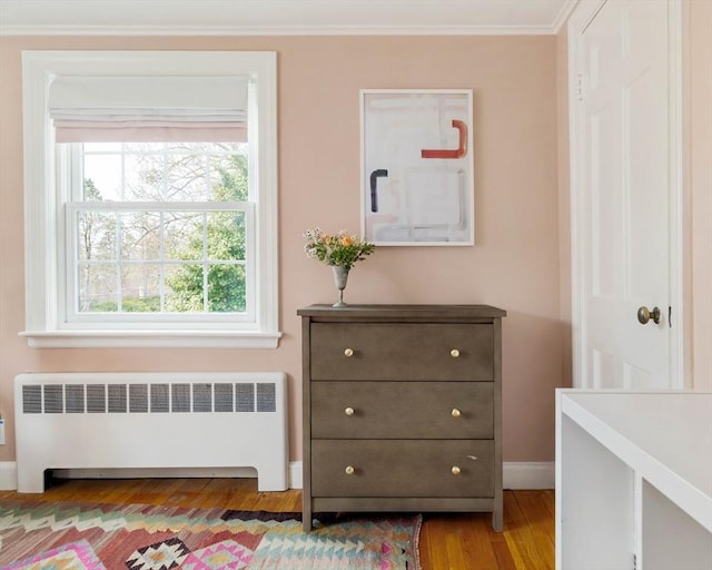 interior space featuring ornamental molding, radiator, plenty of natural light, and wood finished floors