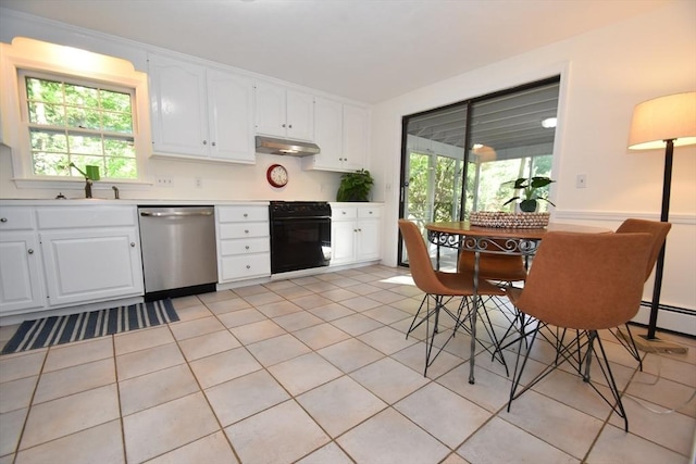 83 Cider Mill Rd, Sudbury, MA 01776 - kitchen featuring stainless steel dishwasher, black stove, under cabinet range hood, a sink, and plenty of natural light