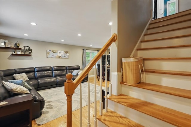 21 Rose Ln, Uxbridge, MA 01569 - living area featuring stairway, wood finished floors, and recessed lighting