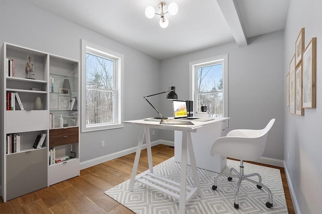 office space with hardwood / wood-style flooring, plenty of natural light, and beamed ceiling