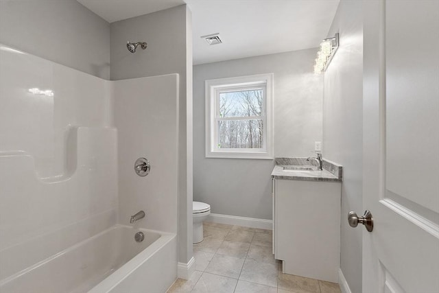 full bathroom with shower / bathtub combination, toilet, vanity, and tile patterned flooring