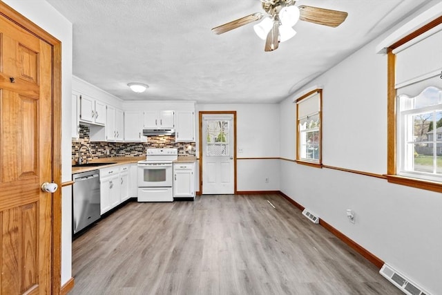 kitchen with stainless steel dishwasher, visible vents, white electric stove, and a healthy amount of sunlight
