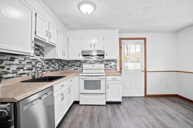 kitchen featuring stainless steel dishwasher, white electric range, a sink, light wood-style floors, and under cabinet range hood