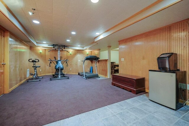 70 Huntsbridge Rd, North Attleboro, MA 02760 - exercise room featuring recessed lighting, carpet, and wood walls