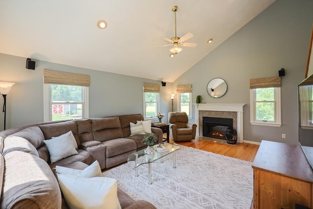 70 Huntsbridge Rd, North Attleboro, MA 02760 - living area with healthy amount of natural light, ceiling fan, light wood finished floors, high vaulted ceiling, and recessed lighting
