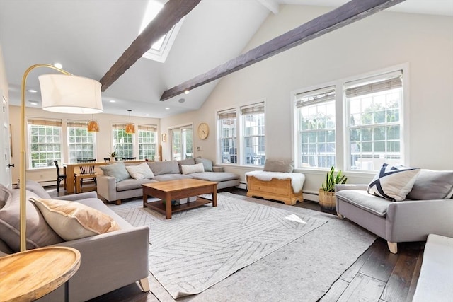 living room featuring wood-type flooring, recessed lighting, baseboard heating, and vaulted ceiling with skylight