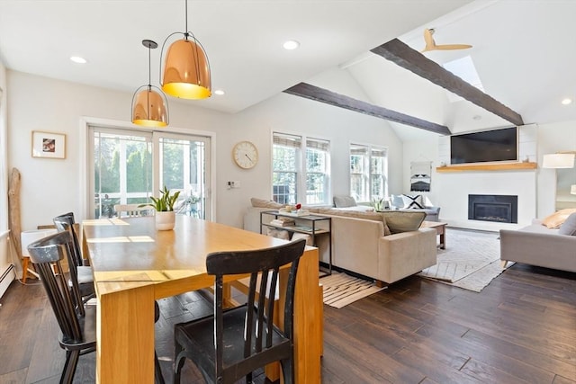dining room featuring a glass covered fireplace, plenty of natural light, and dark wood finished floors