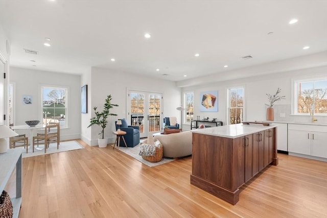 60 Williams St Unit 302, Boston, MA 02130 - kitchen featuring light countertops, a center island, light wood-style floors, and recessed lighting