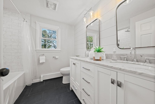full bath featuring a baseboard radiator, a sink, toilet, tile patterned flooring, and visible vents