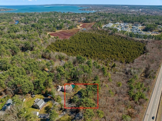 bird's eye view with a forest view and a water view
