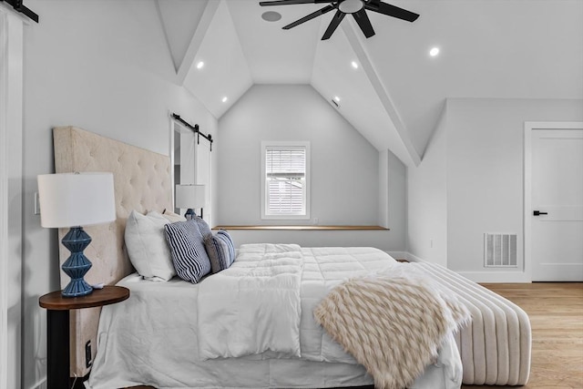1 Wall St, Quincy, MA 02169 - bedroom featuring a barn door, recessed lighting, wood finished floors, vaulted ceiling, and ceiling fan