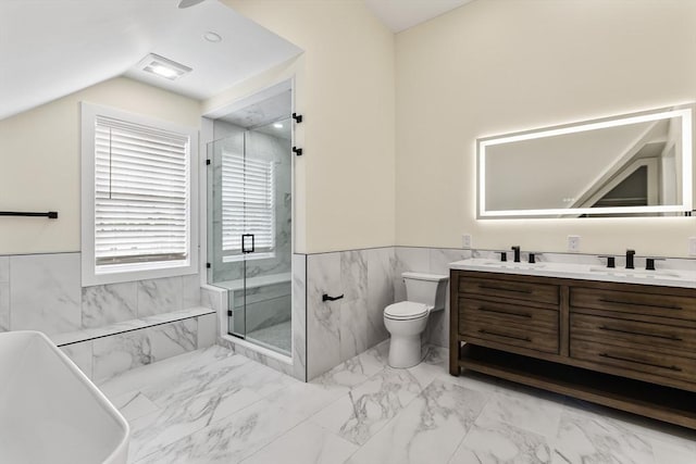 1 Wall St, Quincy, MA 02169 - full bathroom featuring a freestanding bath, double vanity, a marble finish shower, marble finish flooring, and lofted ceiling
