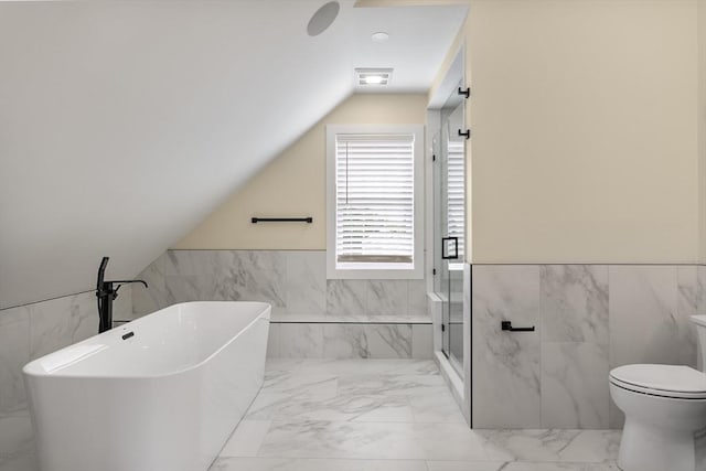 1 Wall St, Quincy, MA 02169 - full bath with tile walls, a freestanding bath, vaulted ceiling, a wainscoted wall, and a stall shower