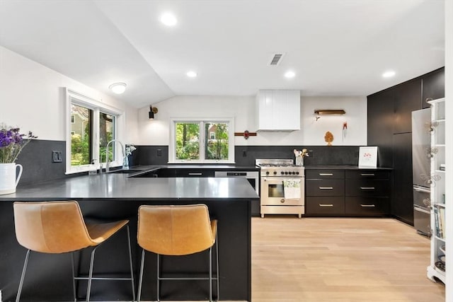 kitchen with appliances with stainless steel finishes, a peninsula, tasteful backsplash, a sink, and light wood-style flooring