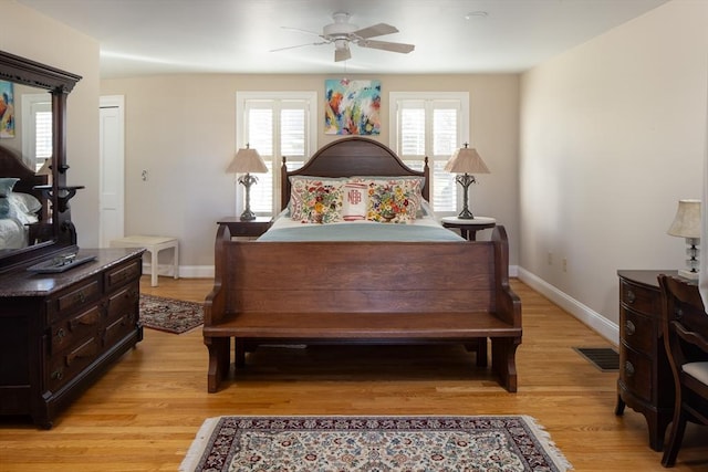 bedroom with ceiling fan, light wood-type flooring, and a closet