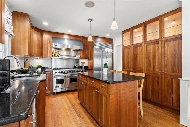 12 Moreland Rd, Quincy, MA 02169 - kitchen featuring high quality appliances, exhaust hood, light wood-style flooring, brown cabinets, and glass insert cabinets