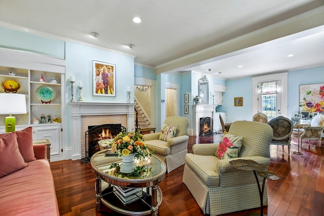 living room featuring crown molding and dark wood-type flooring