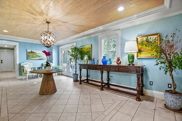 interior space featuring wood ceiling, ornamental molding, an inviting chandelier, and light tile patterned flooring