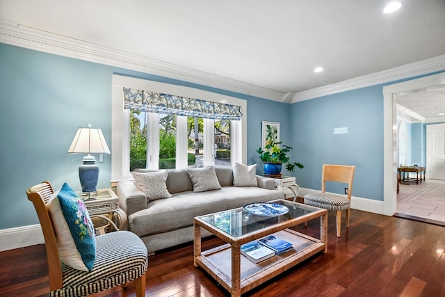 living room featuring french doors, ornamental molding, and dark hardwood / wood-style flooring