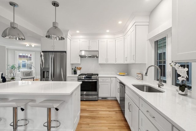 kitchen with light wood finished floors, stainless steel appliances, light countertops, a sink, and under cabinet range hood