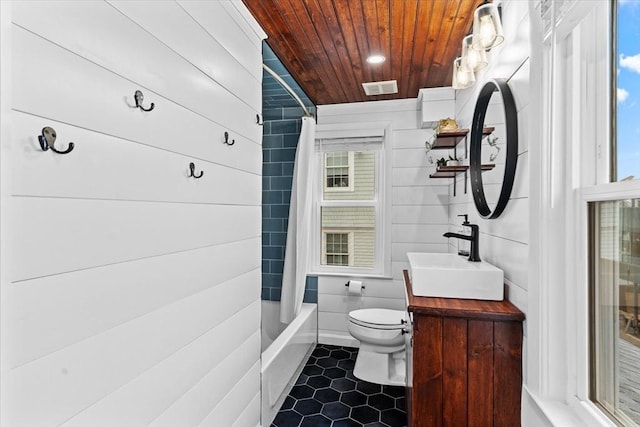bathroom with vanity, toilet, tile patterned floors, visible vents, and wood ceiling