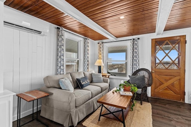 living area with a wall mounted AC, wood finished floors, wooden ceiling, and beamed ceiling
