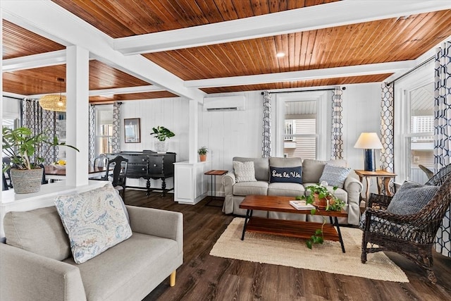 living area featuring wood ceiling, beam ceiling, wood finished floors, and a wall mounted AC