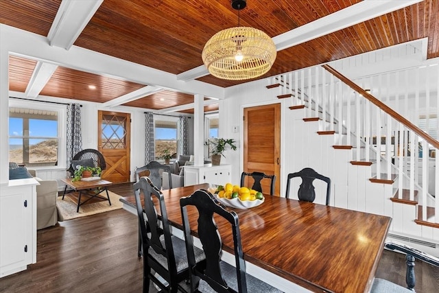 dining room with dark wood-style flooring, plenty of natural light, beamed ceiling, wood ceiling, and stairway